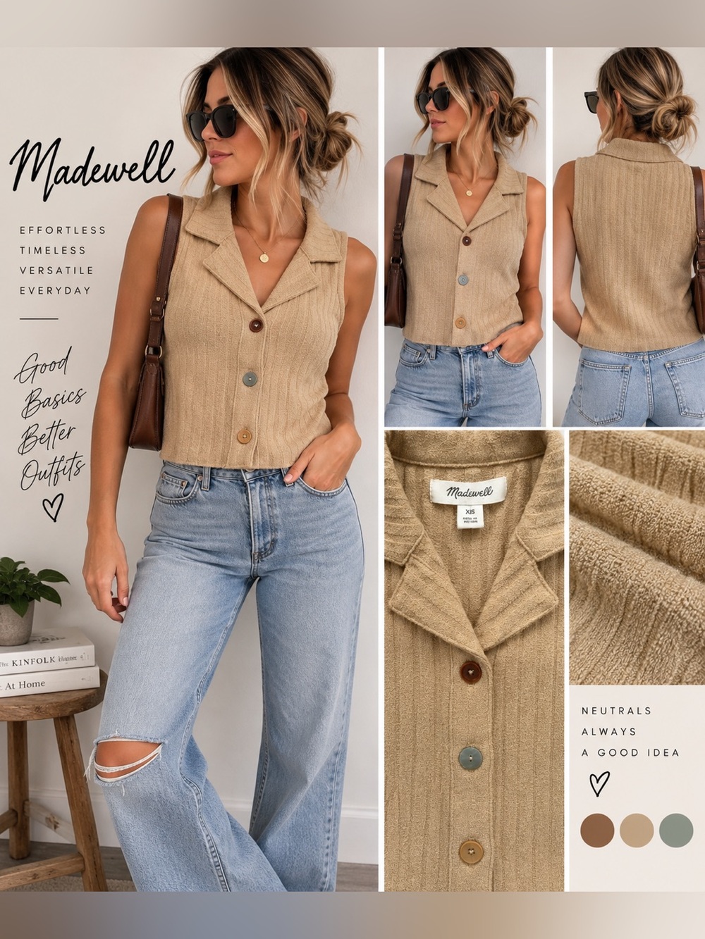 NWT Madewell Sleeveless Terry Button Front Collared Top Tan XS